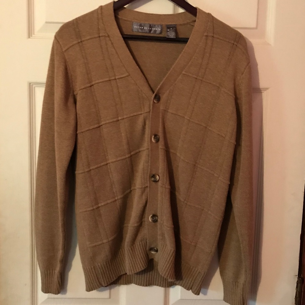 Oscar De La Renta Tan Textured Pattern Cardigan Sweater Mens Small S